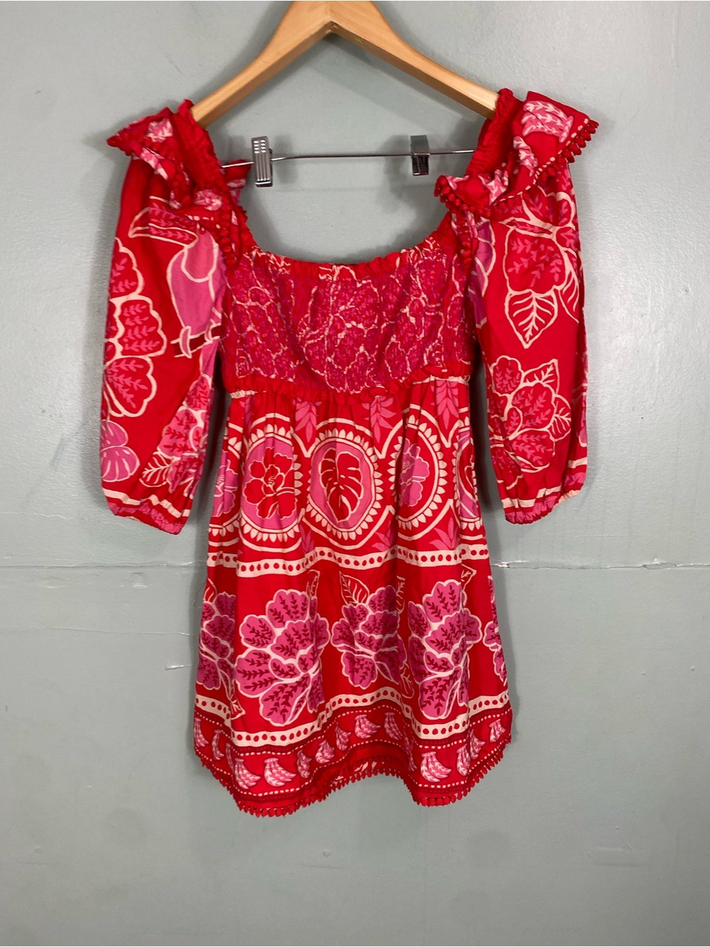 Farm Rio Summer Sunrise Mini Dress Red Pink Smocked Floral Small - Picture 7 of 11